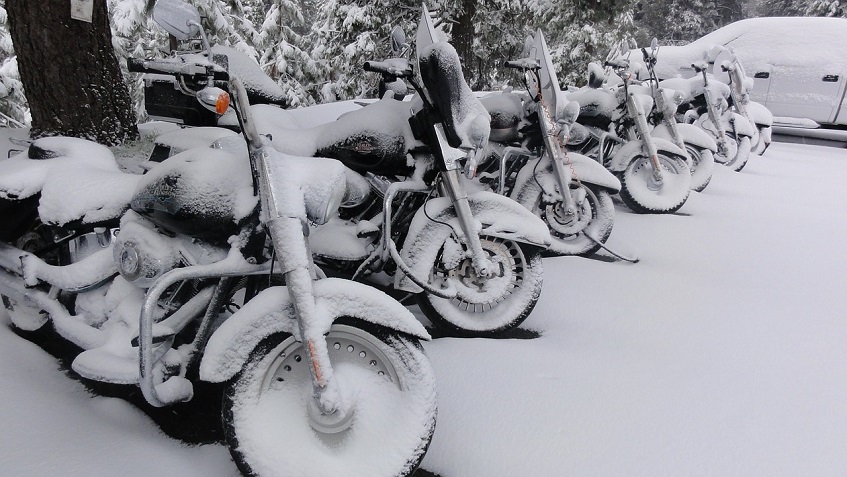 Motorcycles covered in snow
