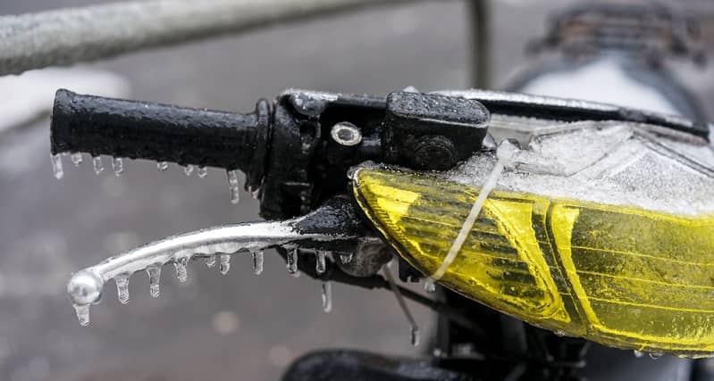 motorbike with ice on handlebars