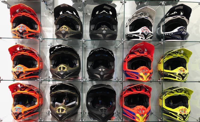 Motorbike helmets on display