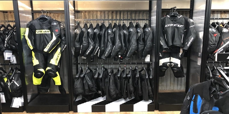 leather motorbike jackets in shop